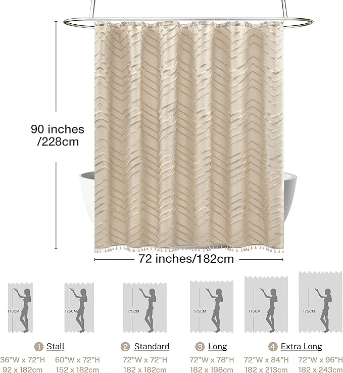 Extra Long Beige Boho Shower Curtain with Tassel, Woven Fabric 90 in, Tufted Chevron Striped, 72 x 90, Modern Chic Textured Minimalist Bathroom