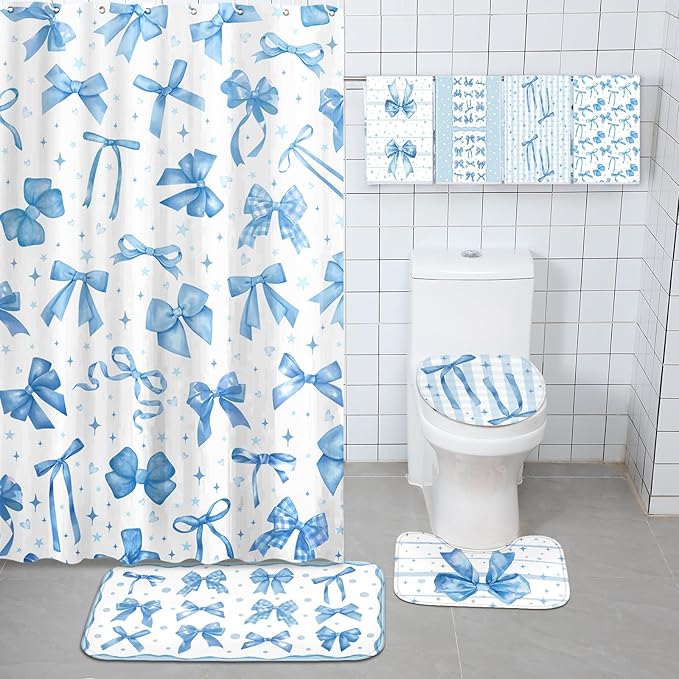 FuWeave 8 Pcs Blue Shower Curtain Set Coquette Blue Bathroom Decor Aesthetic Bow Knot Waterproof Shower Curtain Towels Non Slip Rug Toilet Lid Cover Bath Mat with 12 Hooks for Women Home Bath