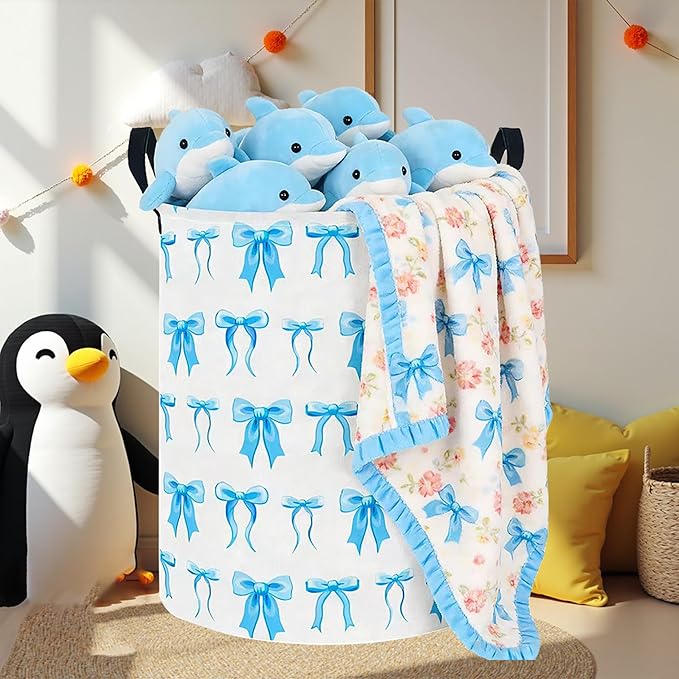 NTAOHAMPER Laundry Hamper,Laundry Basket,Baby Nursery Hamper,Waterproof Storage Bin,Clothes Organizer Basket,Room Decor(Blue Bowknot)