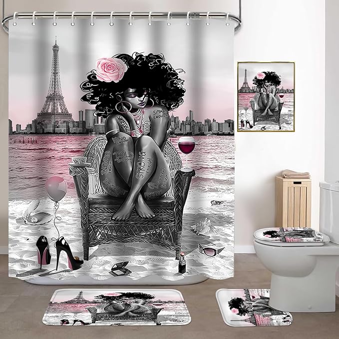 5Pcs Black Girly Bathroom Sets with Rugs and Wall Painting, Pink and Black African American Shower Curtain Set with Rugs, Parisian-Style Modern Wall Decor, Bathroom Shower Curtain and Rug Set