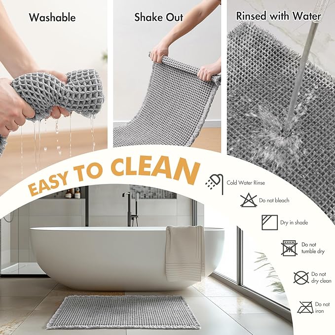 MIULEE Set of 2 Waffle Bathroom Rugs, Boho Bath Rugs Non Slip Washable, Super Absorbent Bath Mats, Ultra Soft Rubber Backed Shower Mats for Bathroom Floor, Tub and Shower, Light Grey, 20x32 Inch