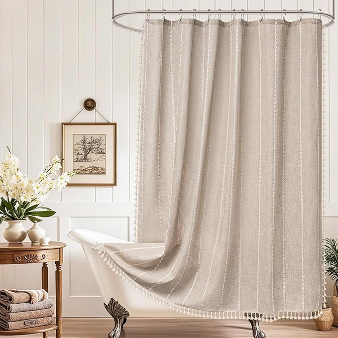 Boho Farmhouse Linen Shower Curtain with Tassels, Tan Brown Heavyweight Soft Fabric Shower Curtain Striped, 72 x 72 Inch Taupe Water Repellent Rustic Country Bathroom Curtain Wrinkle-Free