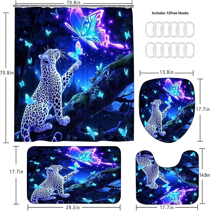 jieprom 4 PCS Leopard and Butterfly Shower Curtain Set with Rugs - Blue Dream Bathroom Decor - Luxury Waterproof Fabric Curtain, Non-Slip Bath Mat, U-Shaped Rug & Toilet Lid Cover