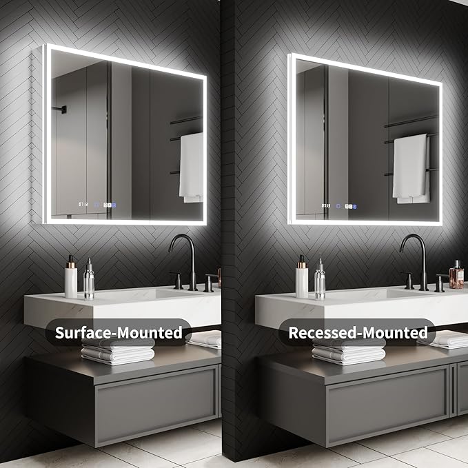 ExBrite 40 x 32 Lighted Medicine Cabinet with Mirror, Front&Backlit led Medicine Cabinet,Clock Temp Display,Defog,5X Magnifier,3 Colors Temper Dimmable,Surface or Recessed Mount,Door Wide Open