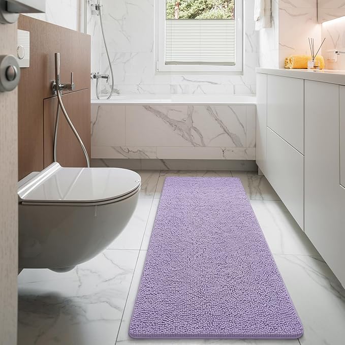 LOCHAS Luxury Bathroom Rug Shaggy Bath Mat 24 x 60 Inch, Washable Non Slip Bath Rugs for Bathroom Shower, Soft Plush Chenille Absorbent Carpets Mats, Light Purple