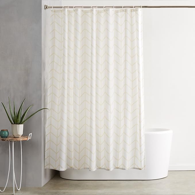 Amazon Basics Bathroom Shower Curtain, Water Resistant Fabric with Weighted Hem, Rust Resistant Grommets & Hooks, Machine Washable, 72"x72", Natural Herringbone
