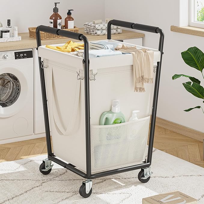 180L Laundry Basket with Wheels & Handles, Laundry Cart with Removable Bag & Metal Frame for Clothes Storage, Hamper with Wheels for Laundry Room, Bathroom, Dorm, Home, Closet (Beige)