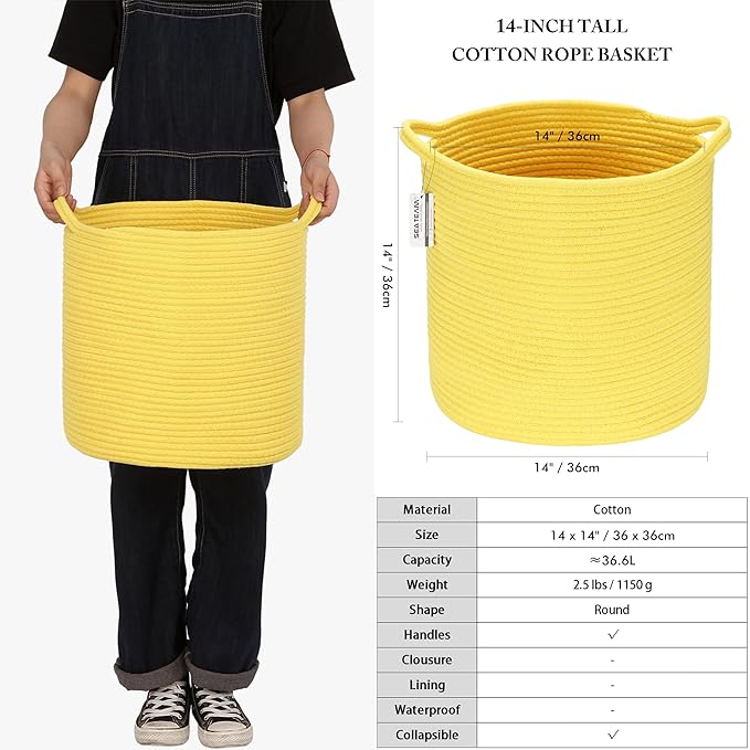 Sea Team Medium Size Cotton Rope Woven Storage Basket with Handles, Laundry Hamper, Trunk Organizer, Clothes Toys Bin for Kid's Room, 14 x 14 inches, Round Open Design, Yellow