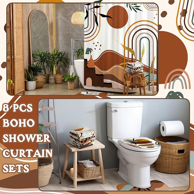 Tatuo 8 Pcs Mid Century Shower Curtain Set Boho Theme Bathroom Accessories Sets Decor Minimalist Modern Waterproof Shower Curtain with Towels Carpet Bath Mat Toilet Rugs and 12 Hooks