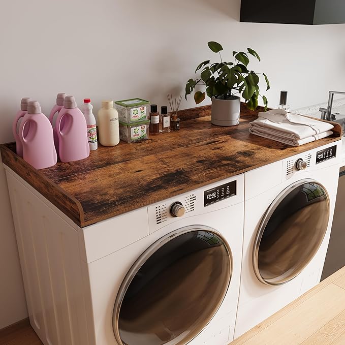 Unionly Washer Dryer countertop with Edge Rails and Non-Slip Mat,Wooden Laundry Countertop for Laundry Room Storage Organization (Rustic Brown, Full)
