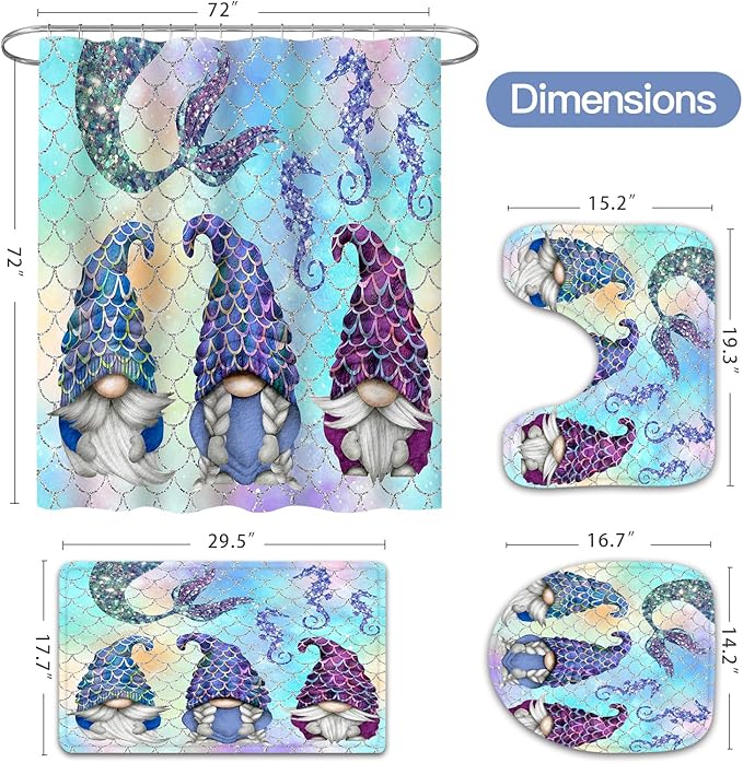 Litabel 4 Pcs Summer Mermaid Gnomes Shower Curtain Set with Non-Slip Rugs, Toilet Lid Cover and Bath Mat,Ocean Bathroom Decor Set with Shower Curtain and Rugs(Hooks Not Included)