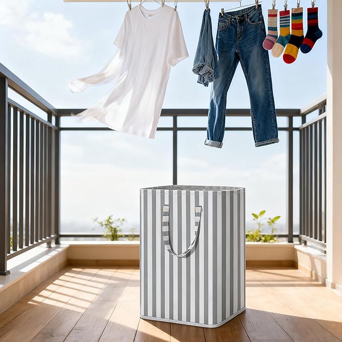 Large Laundry Basket ,75L Waterproof,Collapsible Laundry Hamper with Extended Handles for Clothes in the Family Dorm (Vertical Stripe Black,Blue,Grey,Pink)