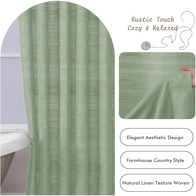 OVZME Small Stall Shower Curtain - Linen Textured Bathroom Curtain with Boho Tassel, Heavy Duty Farmhouse Bath Decor for RV Camper, Machine Washable, 36Wx72L Inches, Light Green