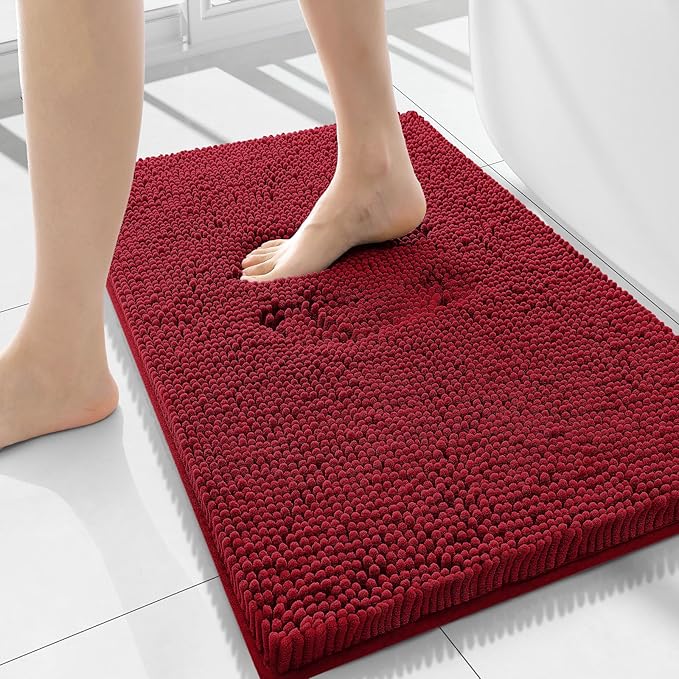 Smiry Luxury Chenille Bathroom Rugs 40x24, Extra Soft and Absorbent Shaggy Bath Mat, Machine Washable, Non-Slip Plush Carpet Runner for Tub, Shower, and Floor, Home Decor Accessories, Red