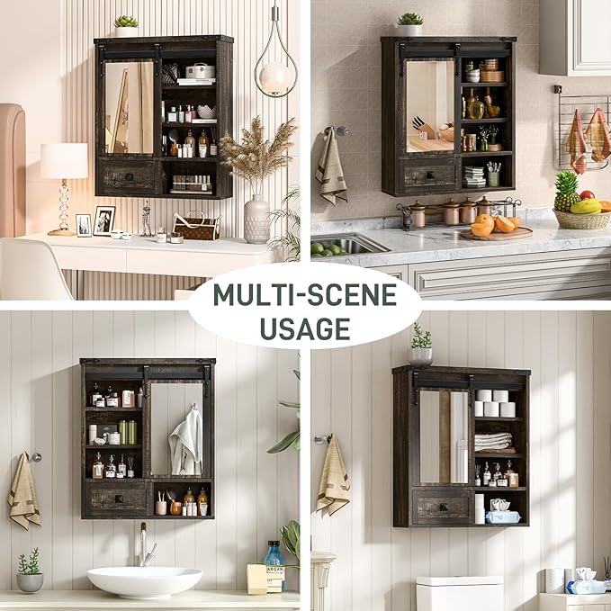 Bathroom Wall Cabinet, Farmhouse Medicine Cabinet with Sliding Mirror Door and Adjustable Shelves, Over The Toilet Space Saver Storage Cabinet with Towels Bar, Wall Mounted Cupboard