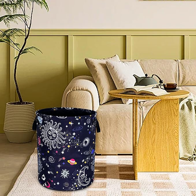 Sun Moon Galaxy Laundry Basket Funny Cosmic Foldable Waterproof Oxford Cloth Tote Bag Laundry Hamper Round Large Clothes Storage Bucket Toy Organizer For Bathroom/Laundry Storage/Bedroom 18.9x16.5 In