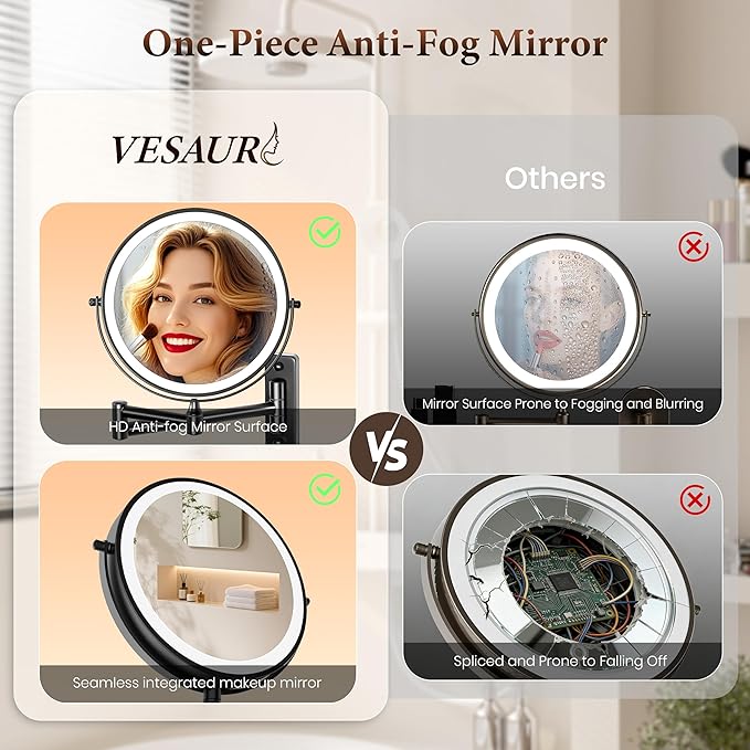 Magnifying Mirror with Lights 1X/20X, 9" Double Sided 5000mAh Rechargeable Wall Mounted Lighted Makeup Mirror, 3 Color LED Lights Dimmable, Wall Mount Mirror 17" arm for Bathroom, Black Brushed Nickel