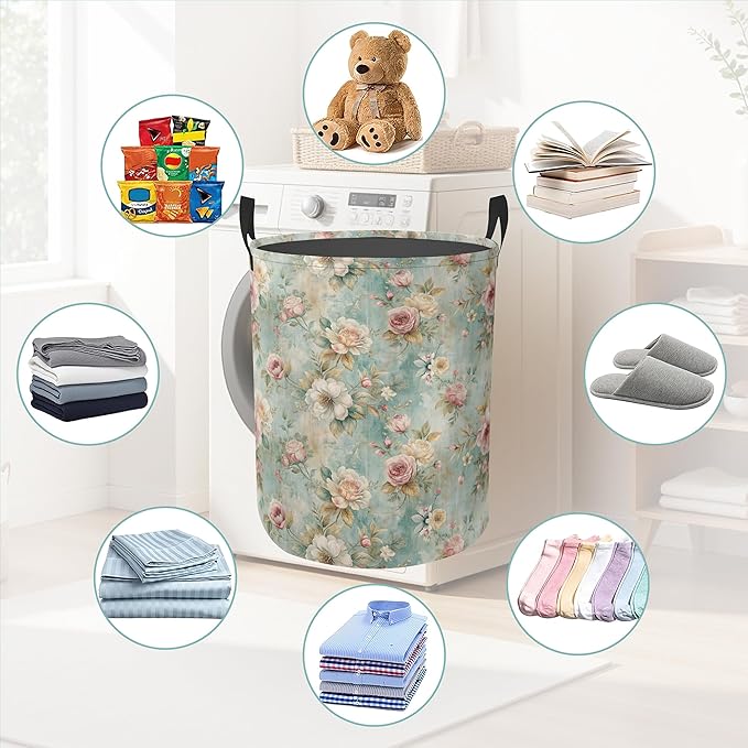 Laundry Hamper Foldable Oxford Cloth Vintage Flowers Laundry Basket With Handle Portable Clothes Storage Organizer Basket Storage Bag For Laundry Room/Bedroom/Bathroom