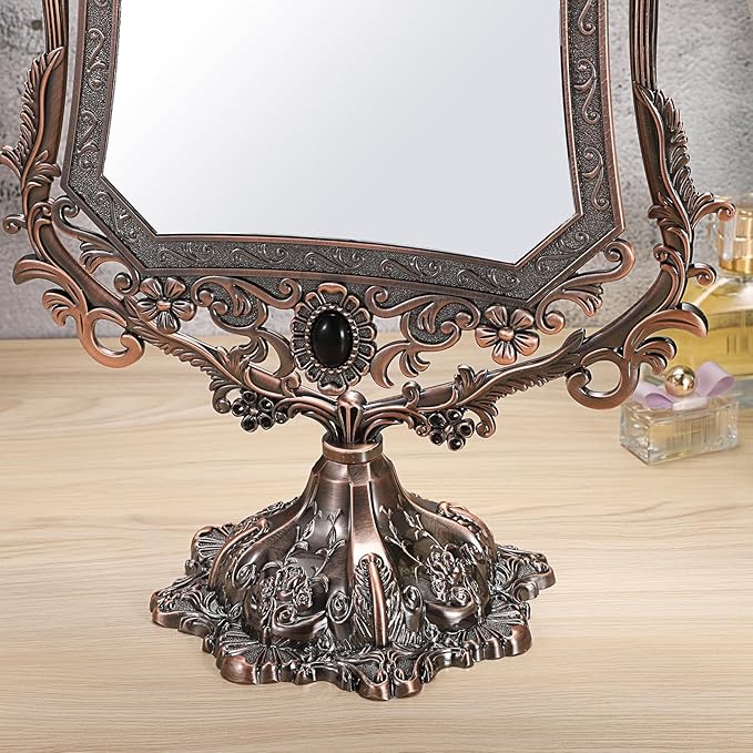 JUXYES Metal Tabletop Antique Decorative Makeup Mirror with Stand, Vintage 360° Swivel Double Sided Cosmetic Mirror with Frame, Retro Desktop Dressing Mirror Magic Mirror for Dresser