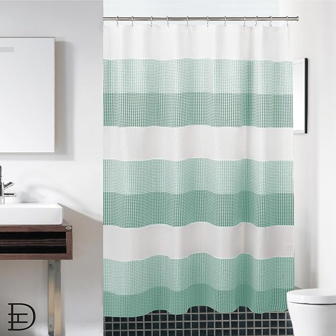 Dainty Home Ombre Waffle Shower Curtain with 12 Roller Ball Hooks - Spa Green 70" x 72" - Water Resistant Polyester Blend, Washable Shower Curtain - Perfect for Stylish Bathrooms