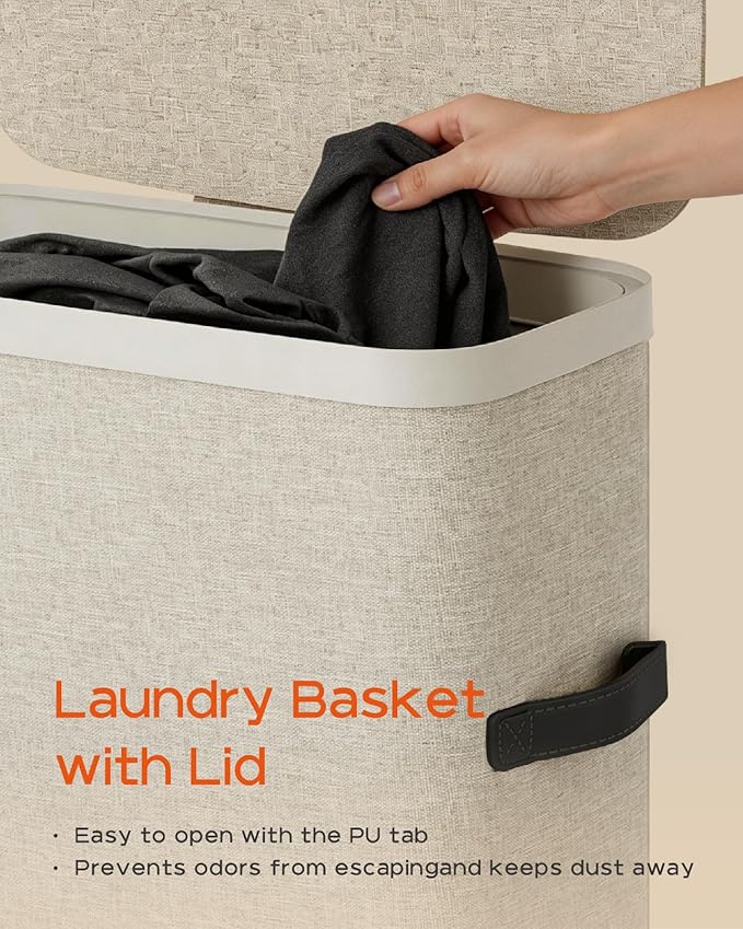 CASAMAYA Laundry Basket with Lid, Laundry Hamper 100L, collapsible Laundry Organizer, Easy Assembly, with Handles and Removable Liners, 16.5 x 12.6 x 29.5 Inches, Beige JSP902M