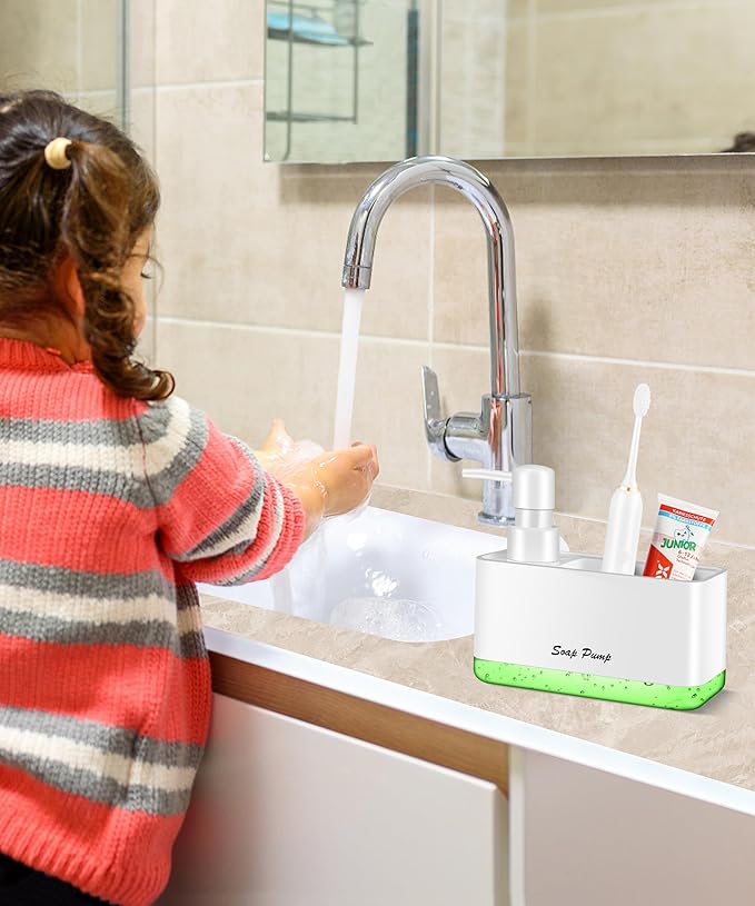 Dish Soap Dispenser with Sponge Holder, 2-in-1 Countertop Small Soap Dispenser for Kitchen and Bathroom, Multi-Scene for Dish Soap, Hand Soap, Lotion, Body Wash (White)