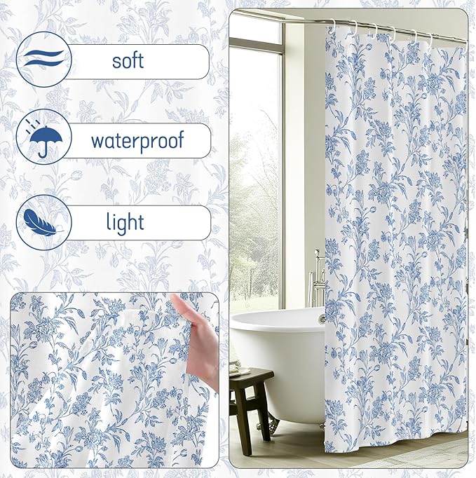 Seorsok Blue Shower Curtain,Sage Cotton Floral Cottagecore,Elegant Floral Fabric Shower Curtain Machine Washable Waterproof Bathroom Decor 60'Wx72'L inches