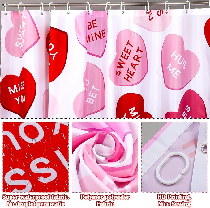 Drydiet 4 Pcs Valentines Shower Curtain Set, Non Slip Rugs Toilet Lid Cover U Shape Bath Mat and 12 Hooks Conversation Heart Pink Bathroom Supplies for Valentines Accessories Decor Set