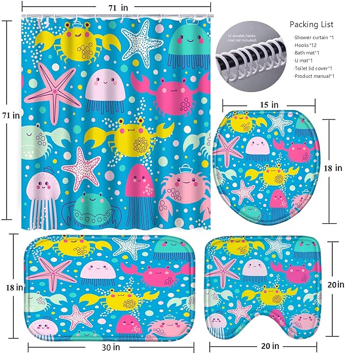 Poedist 4 Pcs Bathroom Shower Curtain Set,Kid's Bathroom Set,Ocean Octopus Shower Curtain Sets with Rugs(Bath Mat,U Shape and Toilet Lid Cover Mat) and 12 Hooks