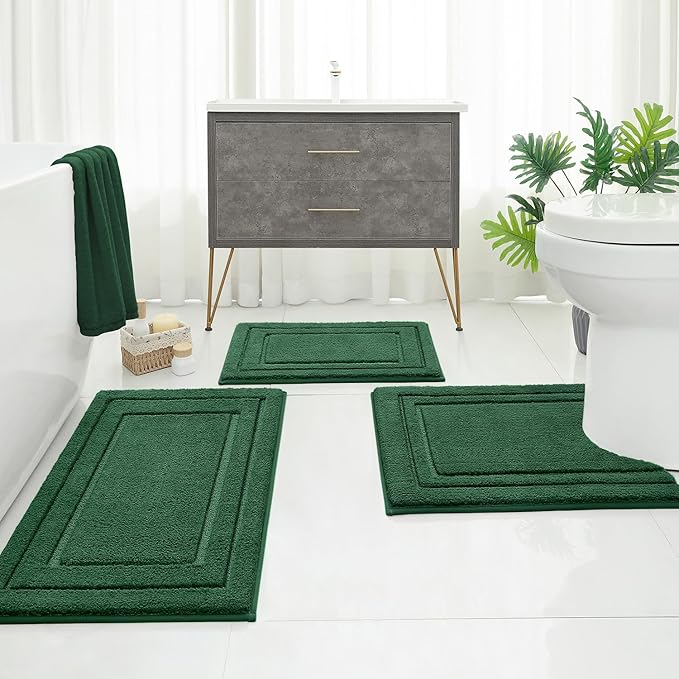 HOMEIDEAS Bathroom Rugs Sets 3 Piece, Super Soft and Absorbent Non Slip Microfiber Toilet Bath Mat with U-Shaped (Dark Green)