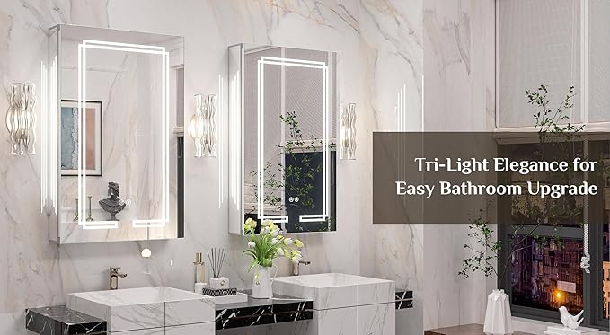 Keonjinn 20 x 32 Inch LED Medicine Cabinet Mirror, Bathroom Medicine Cabinet with Lights, Tempered Glass, UL-Listed, Adjustable Shelves, No Outlets, 3 Color Lights, Dimmable, Wall Mount Only