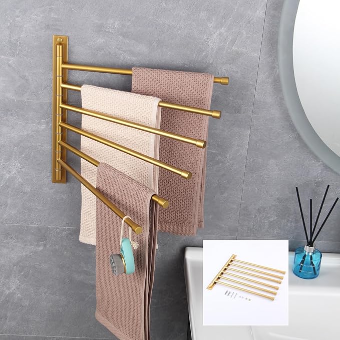 GERZWY Bathroom Swing Arm Towel Bars Wall Mount Bath Towel Rack with 6 Arms Hanger Towel Holder Organizer Stainless Steel Gold Finished HYG06-BE