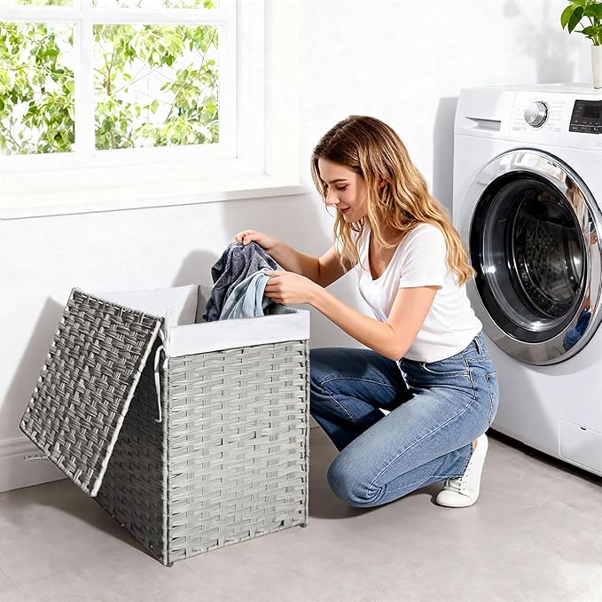 Wicker Laundry Hamper with Lid,34 Gal(130 L) Rattan Laundry Basket 2 Sections with Lid, Removable Machine Washable Line, Large Clothes Hamper with Handles for Bathroom Bedroom, Gray