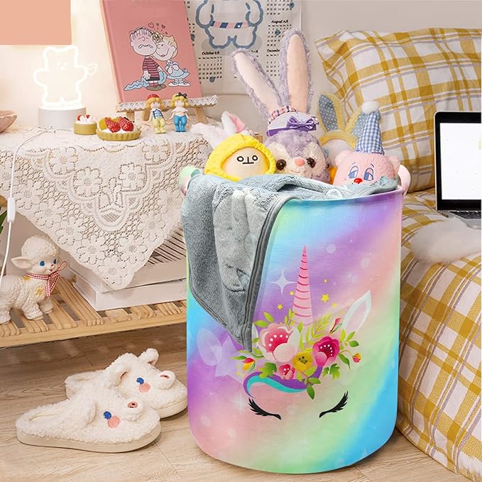 Unicorn Laundry Basket Hamper Large Sized Round Storage Basket Waterproof Bin Collapsible Laundry Basket for Girls Room Organizer, Bedroom Nursery Playroom Clothes (43.3L Cute Unicorn Laundry)