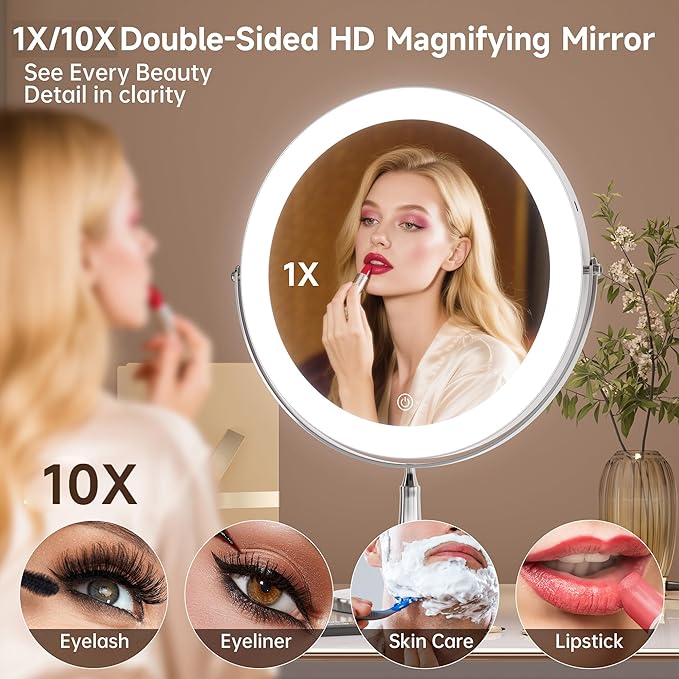 Professional 8" Large Lighted Makeup Mirror with Brighter Lights, 1X/10X True HD Magnifying Mirror with 3 Color Dimmable Lights, 92 Shadowless LEDs, 360°Swivel Seamless Vanity Mirror, Chrome