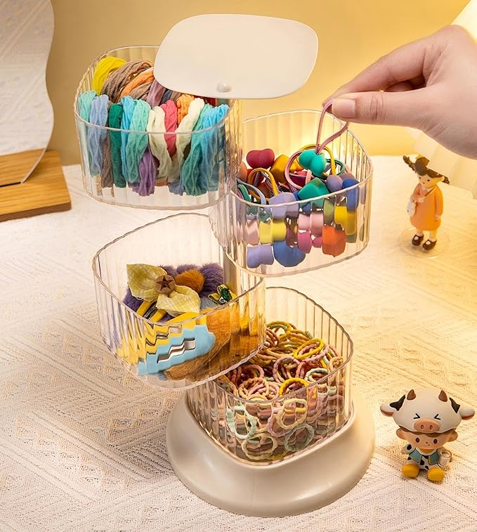 Hair Accessory Organizer, 4-Layer Rotating Clear Hair Tie Organizer for Hair Clips, Headbands, Hair Ties, Earring, Necklace, Ring, Jewelry Boxes & Organizers for Girls & Women (4-Layer,White)