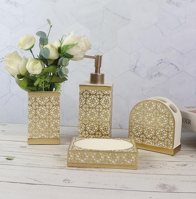 Hymmah Gold Bathroom Accessories Set,Farmhouse Bathroom Decor,4 Pcs Resin Gift Set Apartment Necessities, Contain Cotton Swab Jar,Soap Dispenser,Tumbler,Soap Dish/Tray