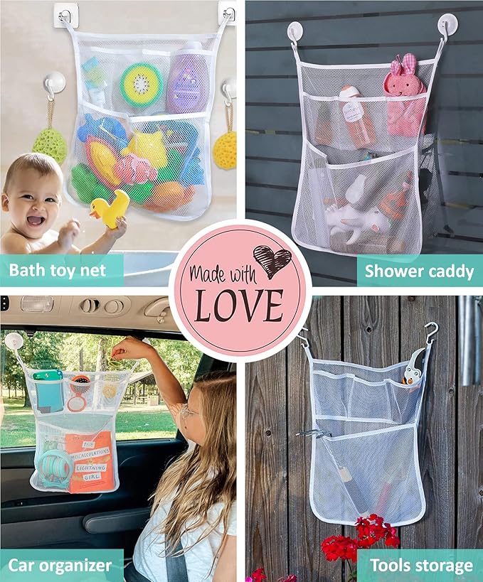 Bath Toy Storage Organizer ?€? Large Mesh Bath Toy Holder & Bath Toy Net for Tub, Quick Dry Bathtub Bag with 2 Strong Suction Cups, 2 Adhesive Hooks, Quick-Dry Hanging Shower Cubby Basket, 14x20 Inch