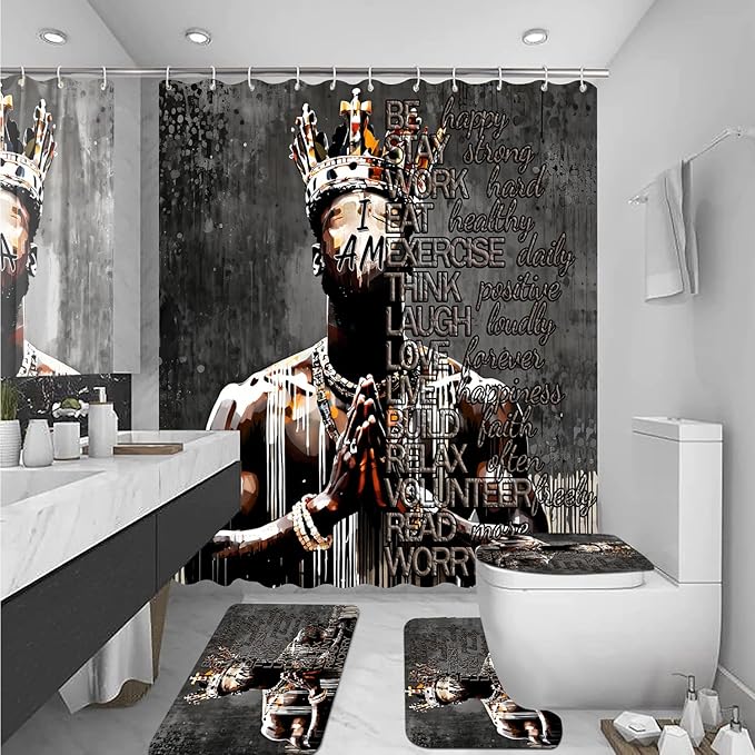 4Pcs Cool Black King Shower Curtain Set with Waterproof Shower Curtain Bath Mat Rug and Toilet Lid Cover, Inspirational Quote African American King Valentine's Day Bathroom Decor Set for Man
