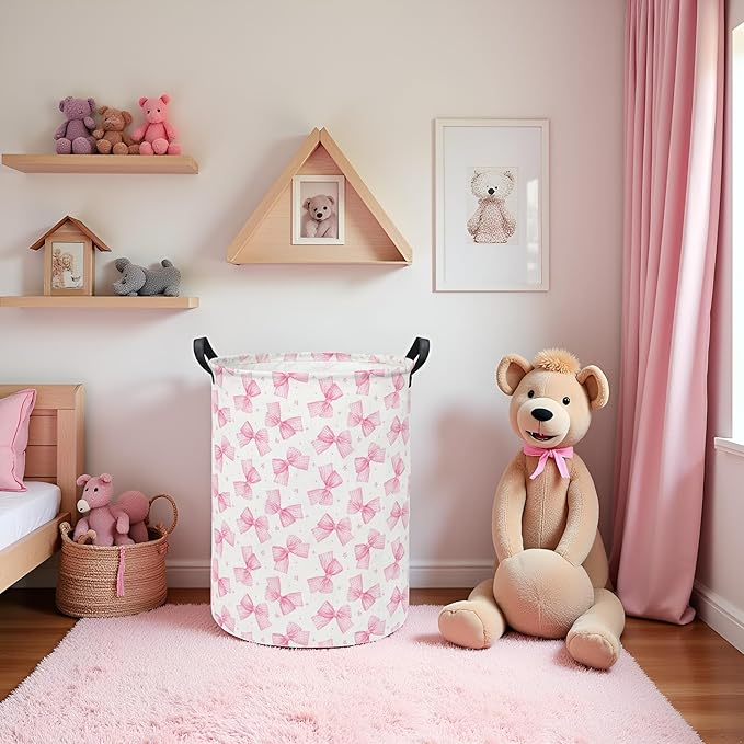 Baby Laundry Hamper kids laundry Basket Waterproof Storage Bin for Bedroom Toy Clothes Organizer Basket Woodland Animals Room D??cor(Pink Bowknot)