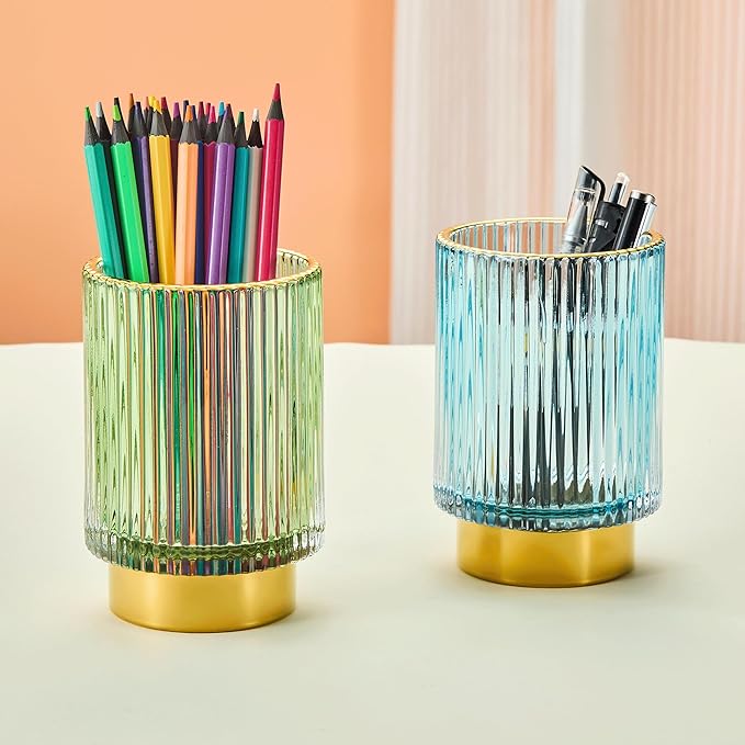 Makeup Brush Holder Organizer,Toothbrush Holders,Desk Pen Pencil Holder,Multifunctional Vintage Glass Brush Cup(L/Green/A3-6-US)