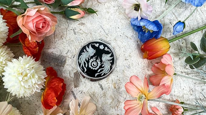 Portable Makeup Compact Double Magnifying Mirror Cosmestic Foldable Pocket Style Unique Mother of Pearl Design (Phoenix)