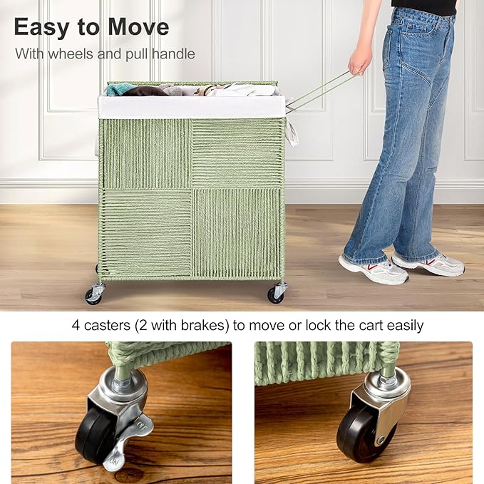 WOWLIVE Double Laundry Hamper with Lid, Handwoven Rolling Laundry Basket with Wheels, 115L Dirty Clothes Hamper with Removable Liner Bag Large Capacity Laundry Sorter Laundry Room Organization,Green