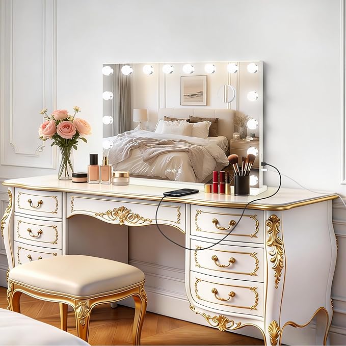 Moonee Vanity Mirror with Lights, Hollywood Lighted Makeup Mirror with 17 Dimmable Bulbs and 10X Magnification, 3 Colors Modes, Aluminum Metal Frame, Light Up Mirror for Tabletop/Wall(26" x 20")