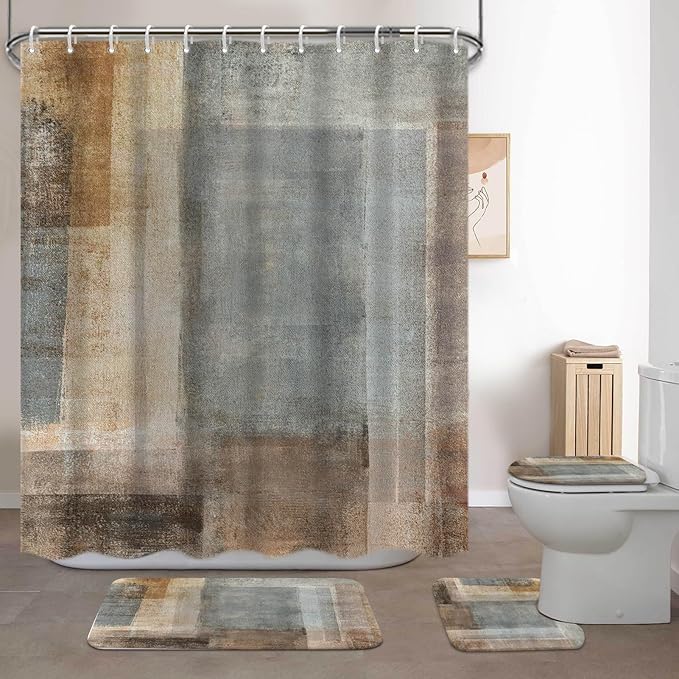 Lnond 4Pcs Bathroom Shower Curtain Sets with Rugs,Brown Gradient Painting Art Bathroom Sets with Shower Curtain and Rugs and Accessories