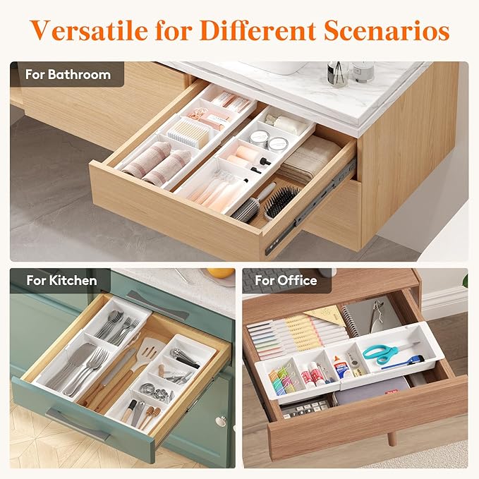 Lifewit Sliding Makeup Drawer Organizer, Fits 13-20" Deep Drawers, Extendable Hanging Divider, 1.8" High Plastic Tray for Vanity, Office, Kitchen, White,1Pcs