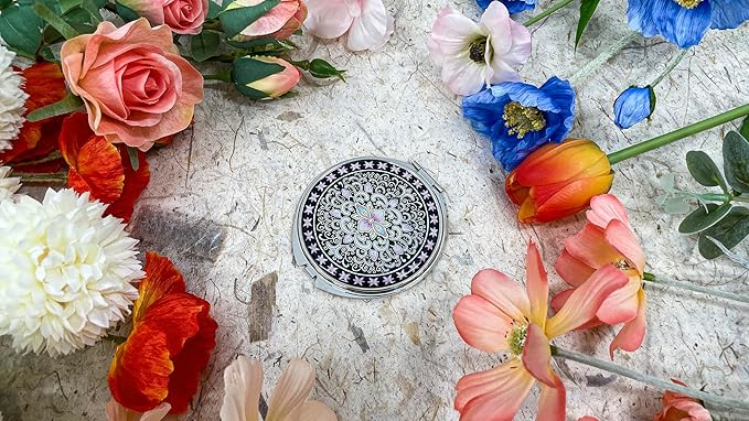 Portable Makeup Compact Double Magnifying Mirror Cosmestic Foldable Pocket Style Unique Mother of Pearl Design (Arabesque)