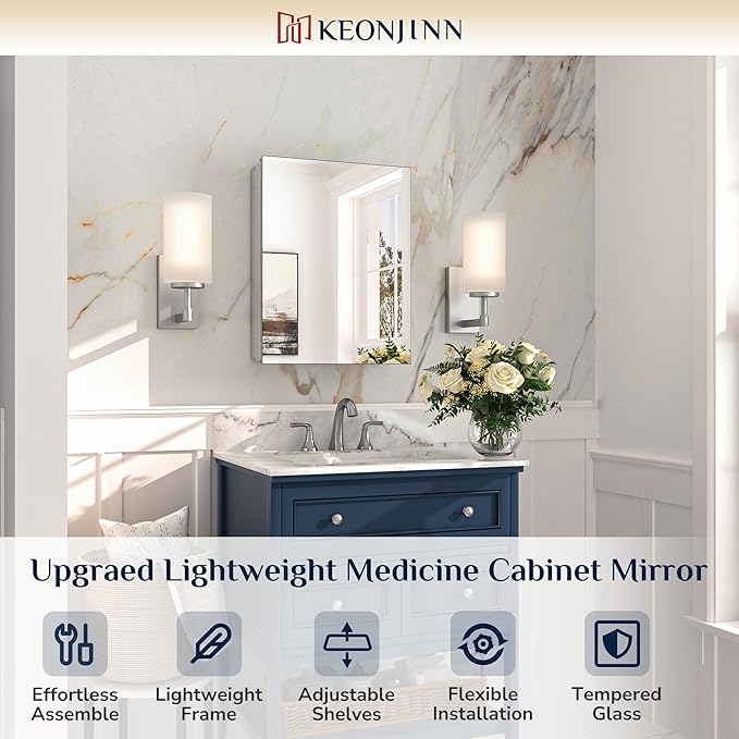 Keonjinn Medicine Cabinet 14 x 18 in, Assembly Required, Bathroom Medicine Cabinets Mirror, Lightweight, One Shelve Only, Surface Mount or Recessed, Tempered Glass