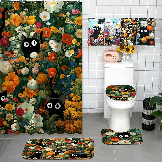 Tatuo 8 Pcs Spring Wildflower Shower Curtain Sets for Bathroom Retro Floral Bathroom Accessories Cute Black Cat Lover Gifts Shower Curtain Sets with Towels Carpet Bath Mat Toilet Rugs and 12 Hooks
