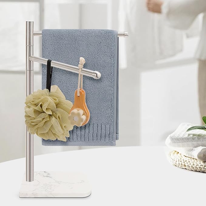 Standing Hand Towel Holder, Hand Towel Stand with Marble Base, 304 Stainless Steel Towel Rack with 2 Swivel Arm, Countertop Stand Towel Ring Towel Bar for Bathroom (Brushed Nickel